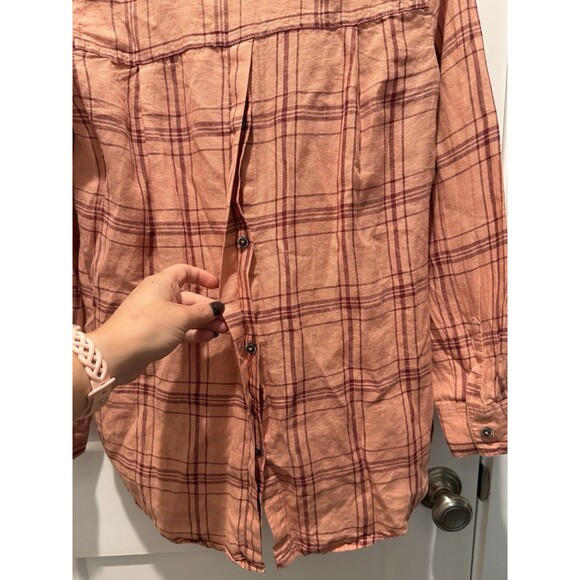 Women’s Free People No Limits Plaid Linen Shirt Button Down Peach Long Sleeve XS - Picture 8 of 8